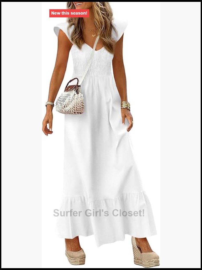 Cap Sleeve V Neck Maxi Dress With Pockets Smocked A-Line Summer Casual